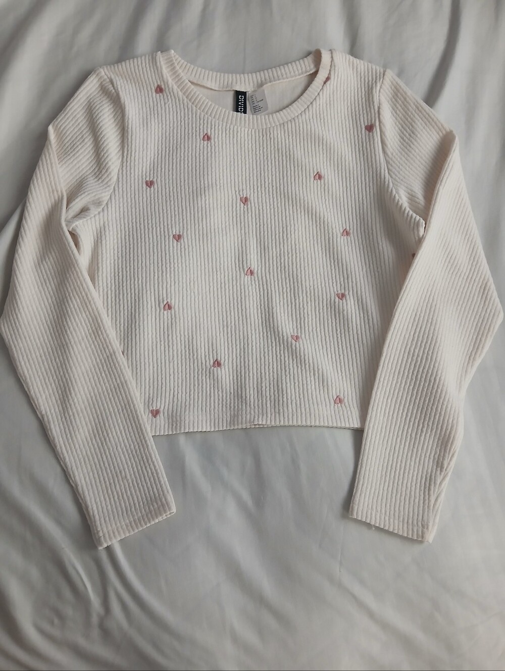 H&M Ribbed Crewneck Long Sleeve with Pink Heart Embroidery